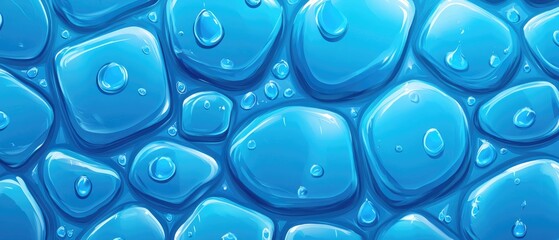 Poster - Blue tile background with water droplets 2D cartoon illustration style