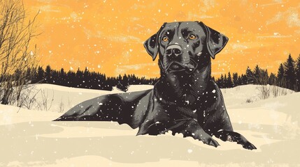 Retro illustration of a Black lab resting in a snowy landscape