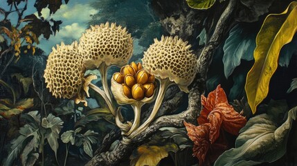 Oil painting depicting Melinjo skin an annual dioecious plant featuring open seeds and a tree like structure with male and female variants