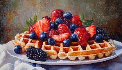 Oil painting depicting delectable homemade waffles topped with fresh fruits dessert culinary art sweet treat