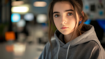 Thoughtful teenage girl in a gray hoodie, soft focus background, introspective expression, captures mood, emotions, and youth in urban setting