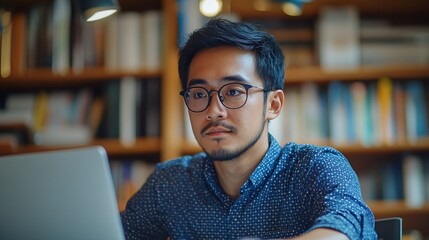 Poster - Career winner mindset Young freelance businessman working at home Confident dedicated male learning and educate himself for better opportunity in his business career work online on lap : Generative AI