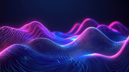Aufkleber - Abstract line art illustration depicting futuristic data stream technology with neon waves and a dark blue background showcasing complex industrial data visualization