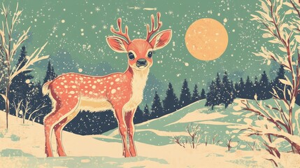 Retro illustration of a baby reindeer in a snowy winter landscape