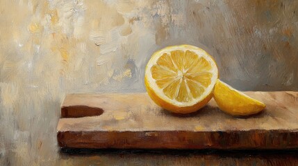 Wall Mural - Close up oil painting of a lemon on a wooden chopping board featuring space for text suitable for health related and culinary themes