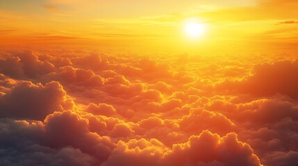 Poster - Colorful orange sky at golden hour morning and fluffy clouds with yellow sunlight panoramic nature phenomenon background : Generative AI