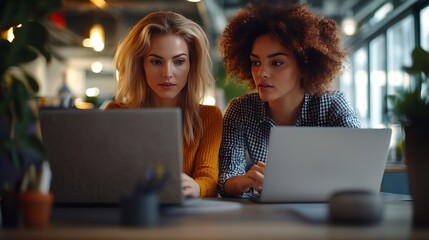 Aufkleber - Two focused female coworkers working on project together and use laptop sitting in office : Generative AI