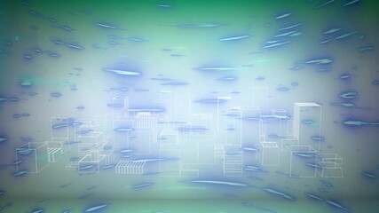 Poster - Animation of glowing light trails and digital data processing over cityscape