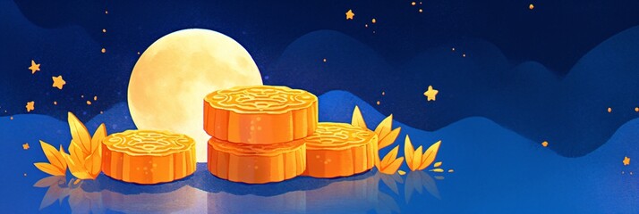 Mooncake on blue background with moon. Mid-autumn festival, Chinese New Year. Traditional festive food. Sweet dessert for asian holiday celebration. Greeting card, banner, poster with copy space