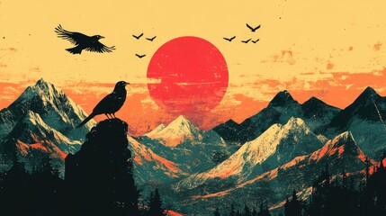 Wall Mural - Retro illustration of a bird in a mountainous landscape