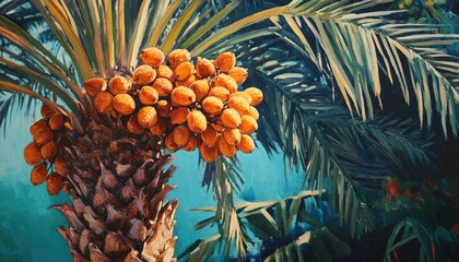 Colorful oil painting of a horizontal image depicting a date palm featuring both immature and mature fruit