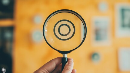 Poster - Hand holding target board inside vintage magnifying glass for focus business objective on orange background and copy space Search goal strategy success successful marketing strategy go : Generative AI