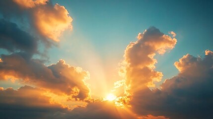 Poster - Beautiful Vivid sky painted by the sun leaving bright golden shadesDense clouds in twilight sky in winter eveningImage of cloud sky on evening timeEvening Vivid sky with clouds : Generative AI