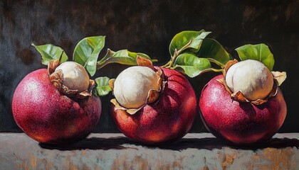 Oil painting of Mangosteen a tropical fruit known for its delightful balance of sweetness and acidity widely appreciated for its unique flavor