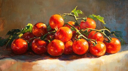 Oil painting depicting a cluster of tomatoes illuminated by sunlight