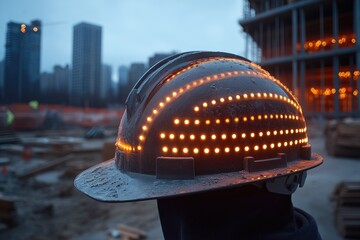 Wall Mural - Construction Worker's Hard Hat with Glowing Lights at Dusk