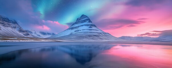 Sticker - Mountain landscape with aurora borealis reflecting