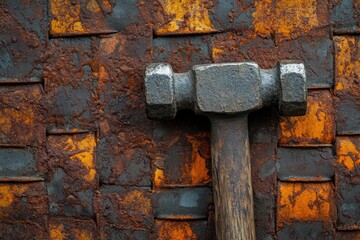 Canvas Print - Rusty Metal Background with a Sledgehammer