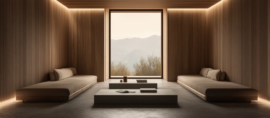 Corner perspective of a dimly lit meeting space featuring two sofas a panoramic window a book wooden brown walls a coffee table and a concrete floor A representation of minimalist design for meeti