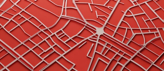 Stylized map of urban streets created with white lines on a red background Top down flat view 3D render and illustration