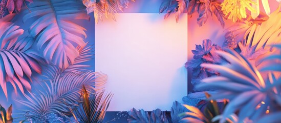 Wall Mural - Vibrant fluorescent color arrangement featuring tropical foliage alongside a white square and mist Flat lay design Nature theme 3D rendering illustration