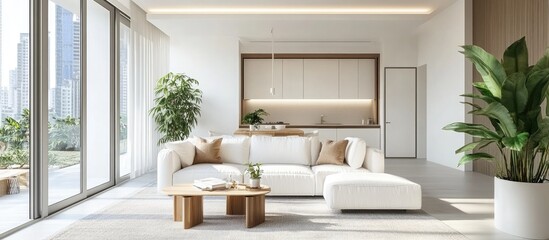 Fototapete - Contemporary white living room interior design in 3D visualization