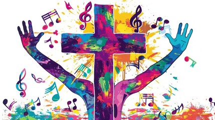 Abstract colorful cross with music notes, arms raised in praise.