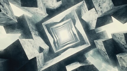 Poster - 3D rendering of a triangular tunnel surrounded by cubes created through digital illustration