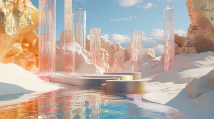 Poster - 3d rendering of an imaginative landscape featuring water and vibrant sand with a podium showcased ag