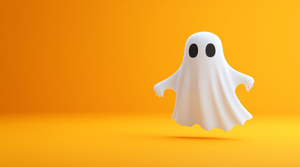 Cute white ghost floating on orange background, Halloween decoration, spooky character, minimalistic 3D render, festive holiday spirit, simple and playful design