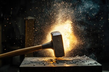 Canvas Print - Hammer Striking Anvil, Creating a Shower of Sparks and Smoke