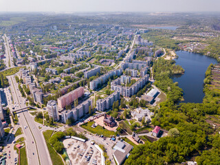 Wall Mural - View from drone of Stary Oskol city with Alexander Nevsky Cathedral at summer day, Russia