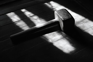 Poster - A Black Hammer Lying on a Wooden Surface with Sunlight Stripes