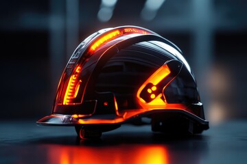 Canvas Print - Futuristic Black Hard Hat with Glowing Orange Lights