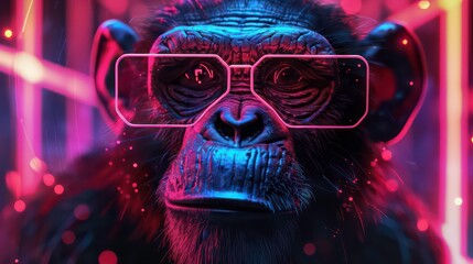 Sticker - Close-up of a monkey wearing futuristic square glasses in neon light.