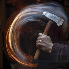 Poster - A Hand Holding a Hammer with a Light Trail Behind It