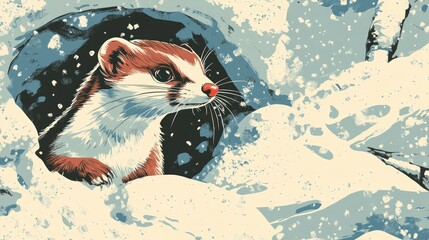 Close up illustration of a short tailed weasel in a snowy setting blending into its winter coat while peeking from behind a snowbank