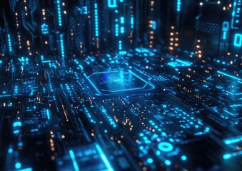Poster - High tech digital circuit board featuring an AI pad and interconnected electrical lines against a blue illuminated backdrop representing a futuristic technology design concept