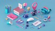 © sablengjago - A colorful and playful 3D scene of various objects on a blue background, including a stack of books, a computer mouse, a megaphone, a lamp, a notebook, a pencil,