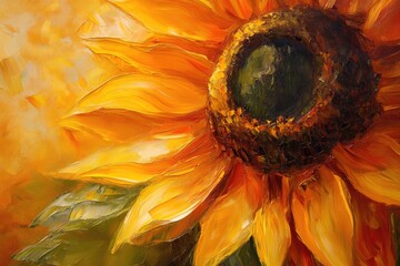 Wall Mural - Close up oil painting of a vibrant sunflower showcasing intricate details and rich colors