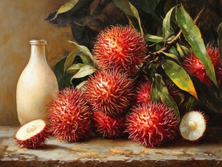 Wall Mural - Oil painting depicting Rambutan a tropical fruit