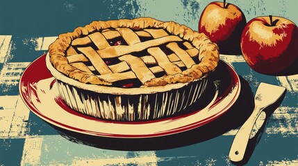 Illustration of Homemade Apple Pie with fresh apples on a kitchen table celebrating traditional autumn desserts and cozy baking moments