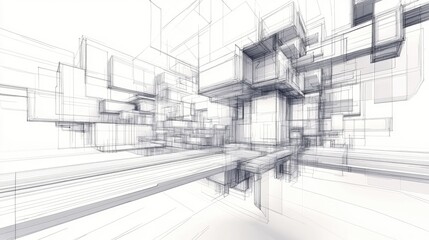 Line art illustration depicting an abstract structure featuring a three dimensional architectural design