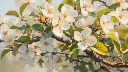 Wall Mural - Close up oil painting of a blooming pear tree with green leaves in spring highlighting the vibrant blossoms on the fruit laden branches