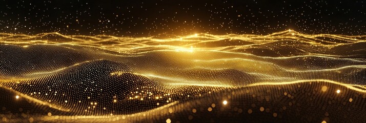 Poster - An intricate geometric pattern of glowing golden particles emerges, forming a web-like design set against a striking dark background, evoking a sense of high-tech artistry and depth.