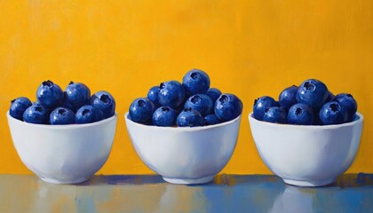 Wall Mural - Still life oil painting featuring blueberries in white cups against a bright background showcasing ripe blueberries in bowls emphasizing their vibrant presentation