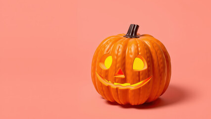 Halloween pumpkin with glowing face on a pink background