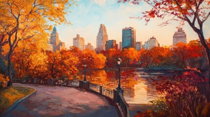 Oil painting depicting a panoramic view of a vibrant city park during autumn at sunrise