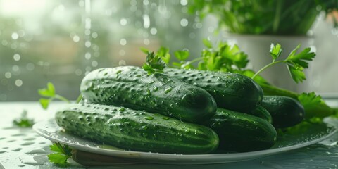 Canvas Print - Green Cucumbers on White Table