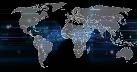 Canvas Print - Animation of digital data processing with world map over black background